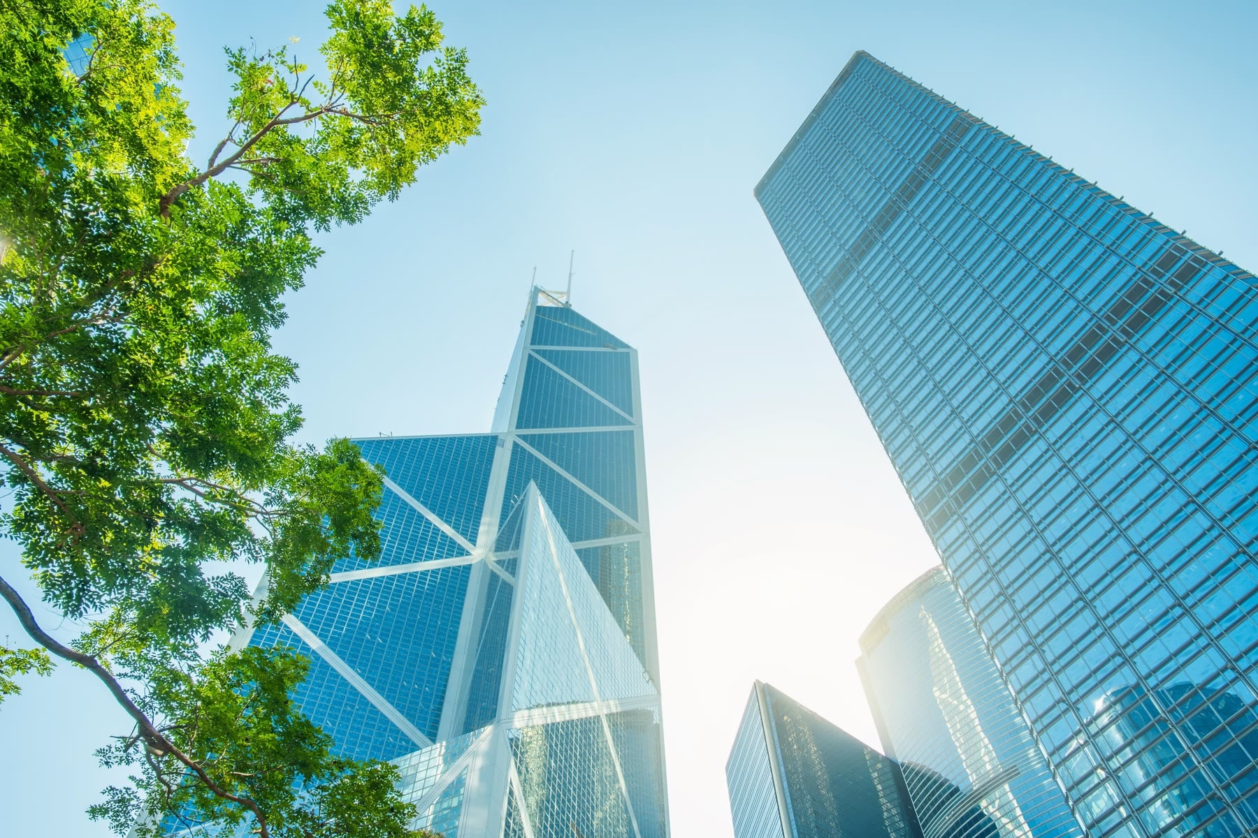 Low-angle daytime view of the Bank of China Tower and high-rises in Central, Hong Kong